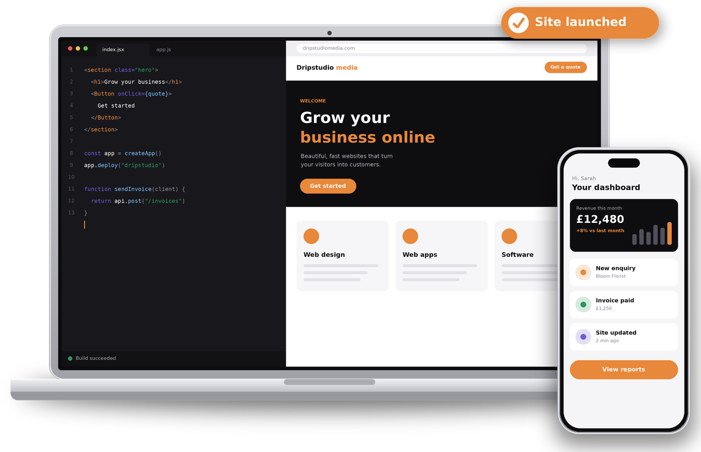 Laptop showing a code editor next to a live website, and a phone showing a business dashboard